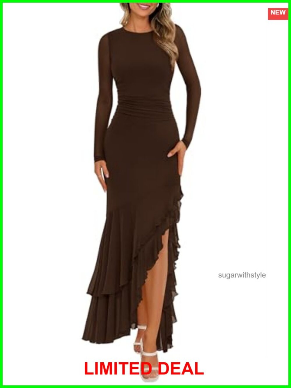Women's Long Sleeve Maxi Dress Ruched Tiered Mesh Cocktail Wedding Guest